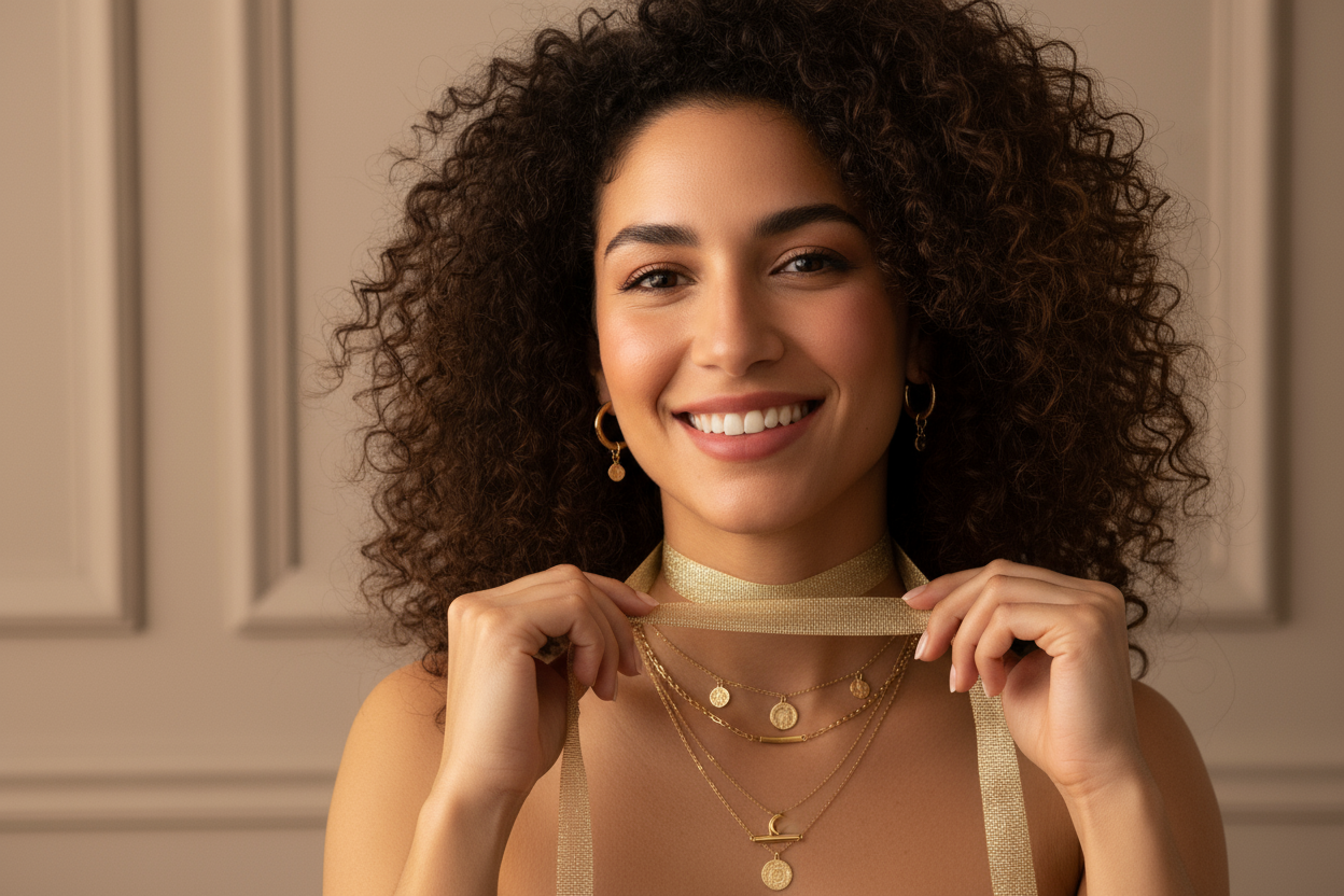 A close-up, stylish lifestyle photograph of a smiling woman wearing layered gold jewelry. She has curly hair and is shown from the shoulders up. The focus is on her neck and chest area, where she is wearing multiple delicate gold necklaces with small pendant details and matching gold earrings. She is holding a gold ribbon near her neck as if decorating herself. The background features a soft, elegant, neutral-colored wall with minimal molding design. The lighting is warm and flattering, emphasizing her skin